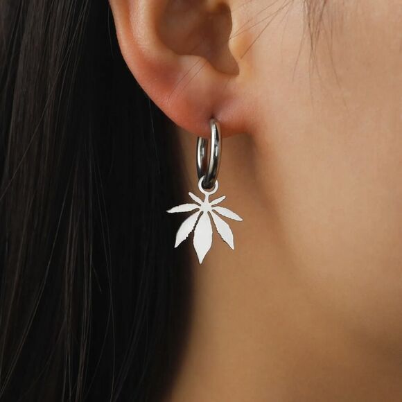 Silver Weed Leaf Hoop Earrings Hypoallergenic‎ Stainless Steel Marijuana - Picture 3 of 5